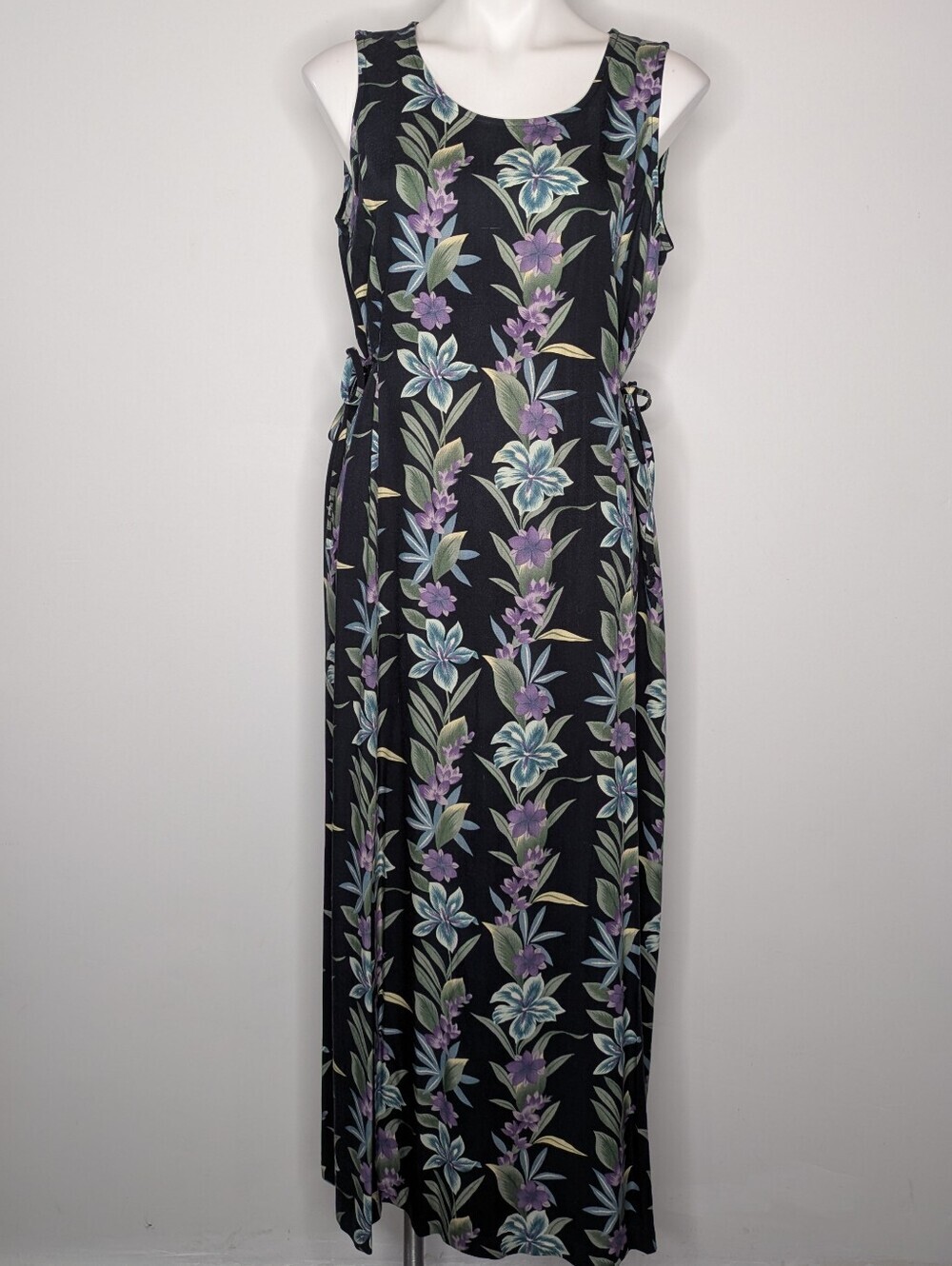 Vintage Teddi 90s Black Purple Blue Tropical Floral Sleeveless Dress M